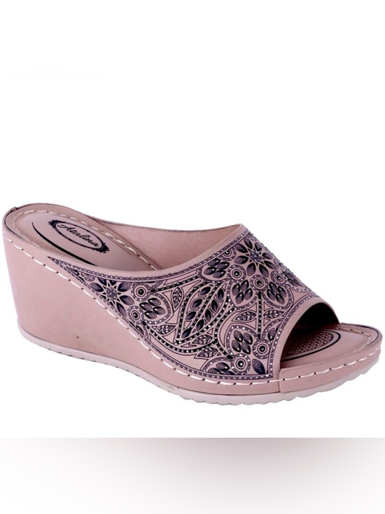 Italina Shoes - Size 9 Italina Beige Embroidered Peep Floral Wedge Heeled Sandal